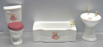 Dollhouse Miniature 3Pc Modern Bear Pink Dec Bath